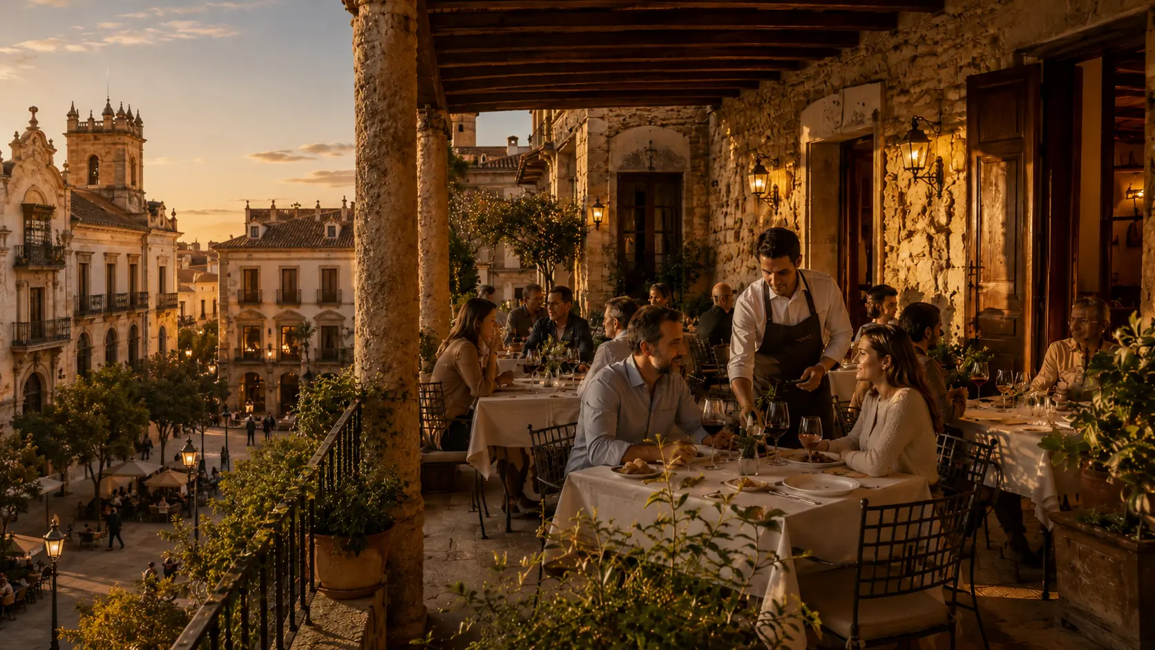 Terraza con mesas y personas atendidas por un camarero