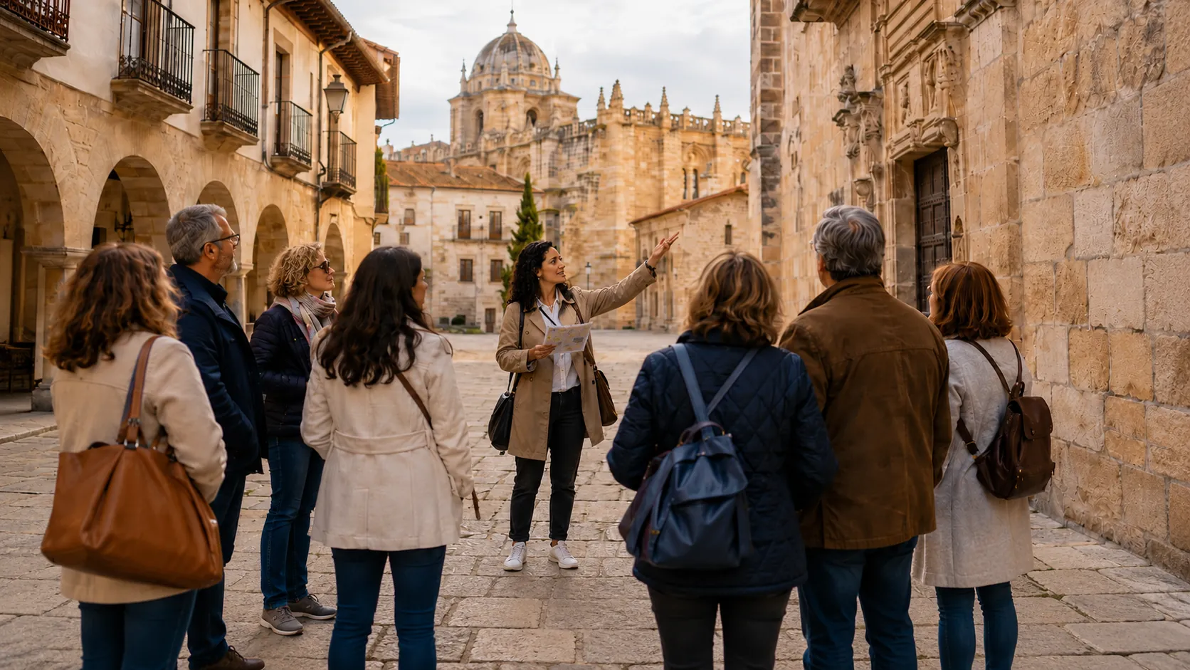 Grupo siguiendo las explicaciones de una persona en una calle monumental